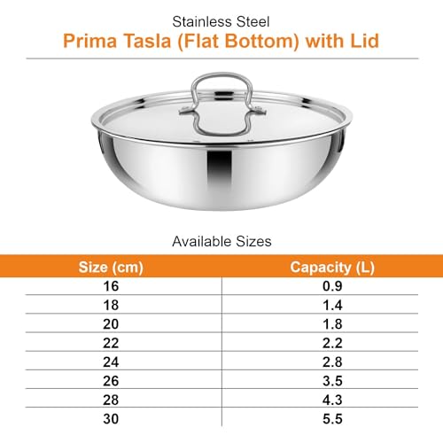 Image of Prabha Stainless Steel Prima Tasla with Flat Bottom, Included Lid, Tasla, 22cm, 2.2 L Capacity, Perfect for Kitchen Need, Induction and Gas Stove Compatible