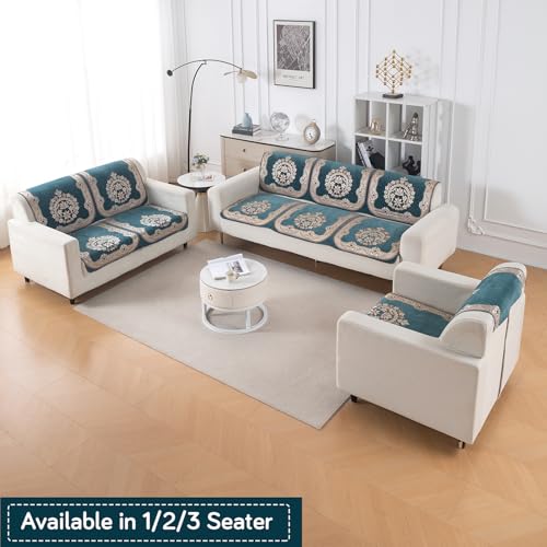 Image of HOKIPO Shahi Teal Premium Chenille Jacquard Sofa Cover for 2 Seater for Seat & Back, 'Royal Aangan Series' (IN-1007-L2*2)