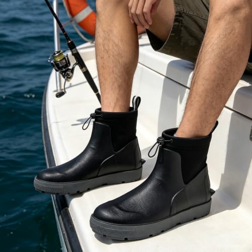 Image of Men's Deck Boots, Waterproof Ankle Rain Boots for Fishing & Boating | Anti-slip rubber work boots with pull-on ankle design for fishing, boating, farming, gardening and other wet outdoor jobs.