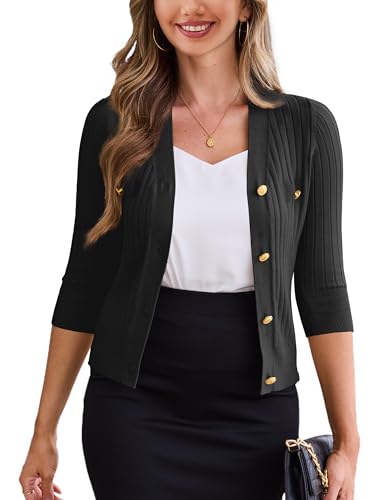 VERABENDI Women's 3/4 Sleeve Button Open Front Cropped Bolero Shrug Cardigan Sweater for Women S-XL