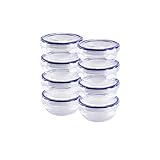 LIEFERUMFANG - 8x flache, runde Kunststoff Vorratsbox mit Deckel, Luftvolumen: je 400 ml, Abmessungen: Ø 13 x 6 cm, Gesamtgewicht: 644 g, Farbe: Transparent, spülmaschinenfest, mikrowellengeeignet (ohne Deckel), auch im Kühlschrank und als Tiefkühldosen einsetzbar