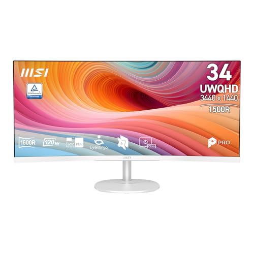 MSI PRO MP341CQW E12 34" UltraWide Business Monitor, UWQHD 3440x1440, 1500R Curved, VA, Frameless, 120Hz, 1ms,Tilt Compatible, HDR Ready, 2xHDMI&DP Port, Built-in Speakers, VESA, White, 3Year Warranty