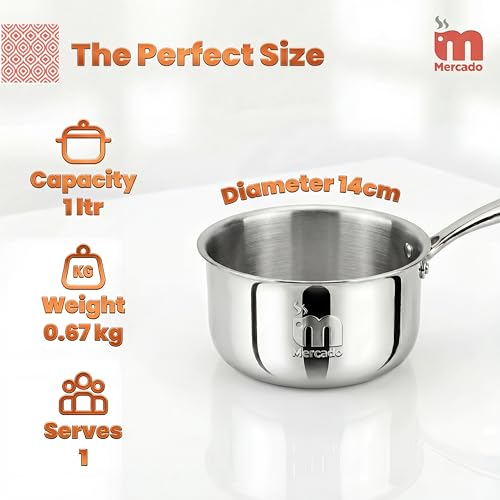 Image of Mercado Triply Stainless Steel Saucepan 14 cm with Lid 1L | SS304 Food Grade | Ideal for Milk, Tea & Boiling | Induction Compatible | Cool-Touch Long Handle | Even Heat Distribution | 5 Years Warranty