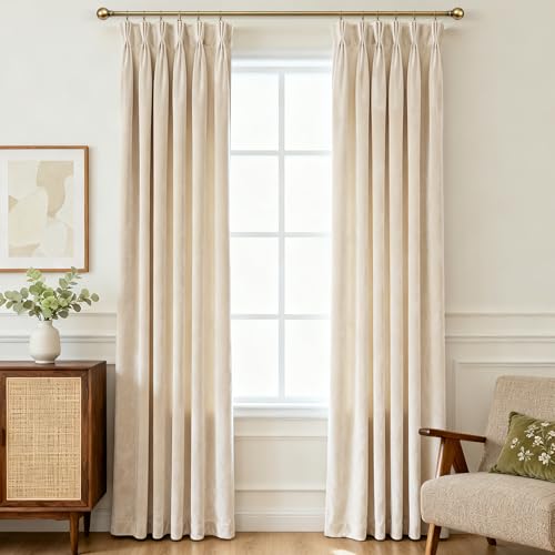 Triple Pinch Pleated Cream Velvet Curtains 102 inches Long Living