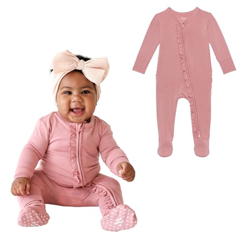 Image of Posh Peanut Footie Pajamas for Baby Girls – Sleepers in Viscose from Bamboo with 2-Way Zipper & Ruffle Trim