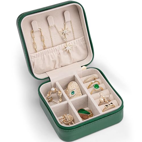 Vlando Small Travel Jewelry Box Organizer - Girls Women Gift Rings Earrings Necklaces Jewelry Storage Display Case Dark Green Dark Green S 1