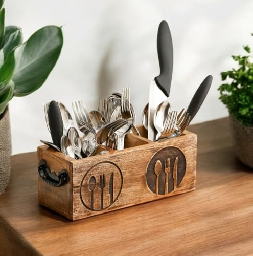 Image of Ikari Homes Wooden Antique Cutlery Holder I Cutlery Organizer I Boho Wooden Caddy I Spoon knife Fork Tissue Holder Stand I Cutlery Stand - Spoon Fork engraved design
