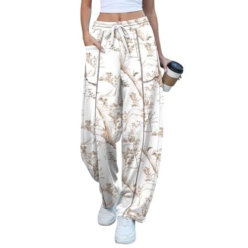 Rapbin Womens Barrel Pants Baggy Wide Leg Lounge Sweatpants Fashion Outfits with Pockets 2026 White Leaf Medium