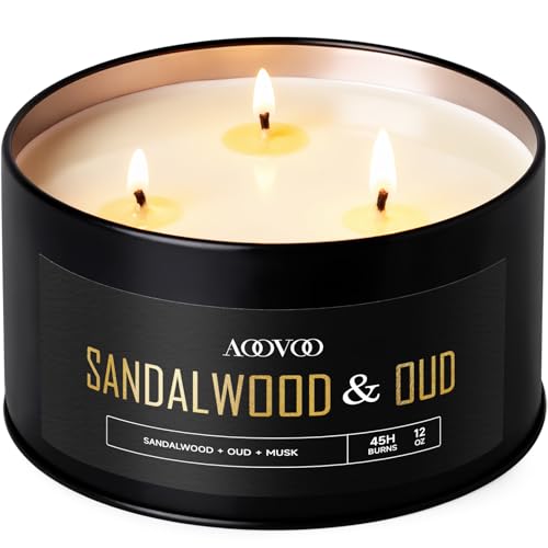 Image of AOOVOO Sandalwood Oud Candles for Men - 3 Wick 12oz Black Scented Candle | Long Lasting Soy Candles for Home Scented, Masculine Candle Gift for Father Day, Women & Men, Non Toxic, Large