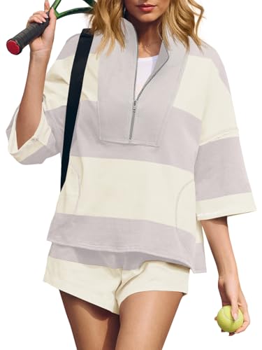 Fisoew Women 2 Piece Outfits Summer Striped Sweatshirt Workout Shorts Sets Matching Lounge Set Tracksuits - image 1
