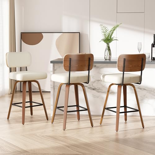 Image of Swivel Bar Stools Set of 3, 26 inch Upholstered Faux Leather Counter Height Barstools with Walnut Back & Bentwood Legs, Mid Century Modern Bar Chairs Island Stools for Kitchen Counter, Cream White