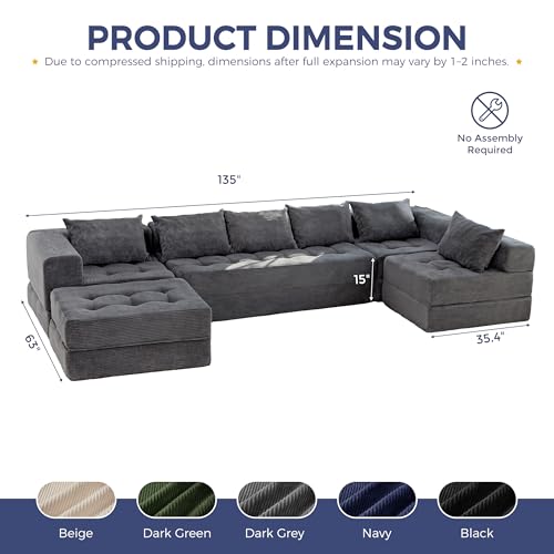 Image of MAXYOYO Modular Sectional Sofa Couch, Foldable U Shaped Cloud Couch with Pillows, Tufted 7-Seat Boneless Lounger Floor Sofa Bed for Living Room, No Assembly Required, Dark Grey
