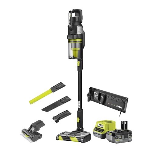 RYOBI Aspirapolvere Senza Fili 18V ONE+™ con Motore Brushless, Potenza di Aspirazione 135 Air Watt, Tecnologia Anti-Groviglio, Batteria 4.0Ah, Caricatore Standard e a Muro Inclusi, RASV18BL-1C40GL