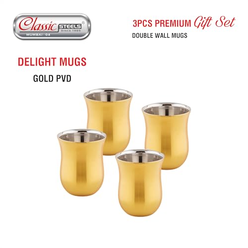 Image of Classic Steels |Delight Gold PVD Double Wall Stainless Steel Mug (Set of 4) 120 ml | Tea & Coffee Cups |Insulated Premium Gift Set for Home Office Wedding & Corporate Gifting