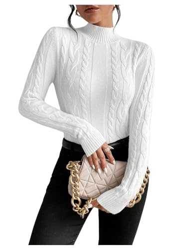 Image of BEAUDRM Women's Cable Knit Sweater Mock Neck Long Sleeve Casual Pullover Top White X-Small