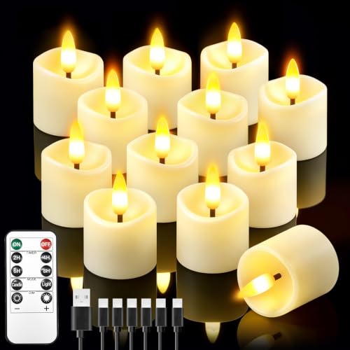 Image of 12 Pack Small Rechargeable Flameless Candles with Remote Timer | 1.5 inchx2 inch LED Tea Lights Votive Fake Candles Flickering Mini Candles Battery Operated for Halloween Wedding Party Home Decor