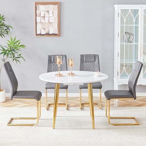 Image of Round Dining Table Set for 4, 42-54 inch Expandable Circle Dining Table Set with 4 Upholstered Chairs, Space-Saving Kitchen & Dining Room Table Set(1 White Table + 4 Gray Chairs)