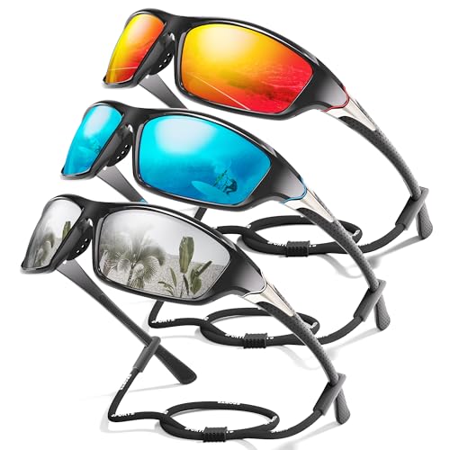 3 Pack Polarized Sports Sunglasses for Men, Mens Sunglasses Wrap Around UV Protection for Cycling Fishing Driving E02-red/Ice Blue/White
