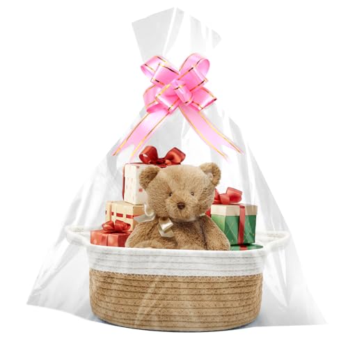 Cesta de presente vazia 30 x 20 x 12 cm, cesta trançada com sacos de presente e fitas, cesta vazia para o Natal, aniversário, casamento, cesta de armazenamento, cesta decorativa (caqui)