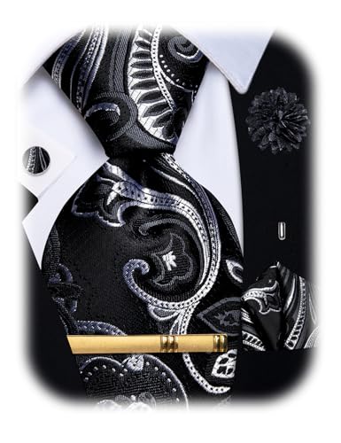 Image of YourTies Silk Paisley Floral Tie and Pocket Square Cufflinks with Lapel Pin Sets for Men 5PC Wedding Party