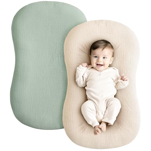 Image of Konssy Muslin Baby Lounger Cover 2 Pack, 100% Cotton Newborn Lounger Cover, Soft and Breathable Baby Nest Slipcover for Boys Girls (Green,Wheat)