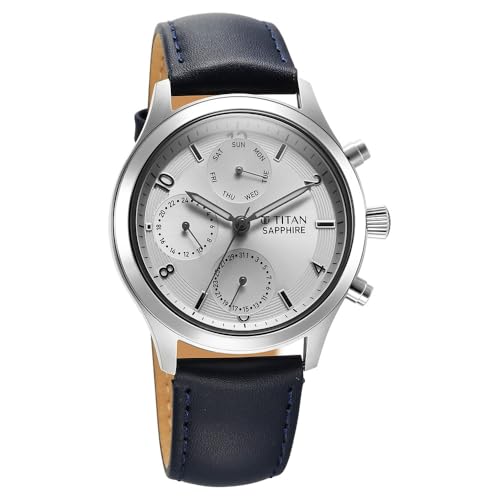 Image of Titan Sapphire Quartz Multifunction Silver Dial Blue Leather Strap Watch for Men - NT1874SL04