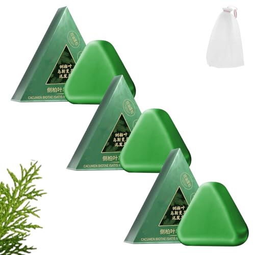Barra de champú del triángulo de la naturaleza: cuidado de cabello a base de hierbas, champú sólido a base de plantas para el crecimiento del cabello, con hoja de biota y raíz isatis (3pcs)