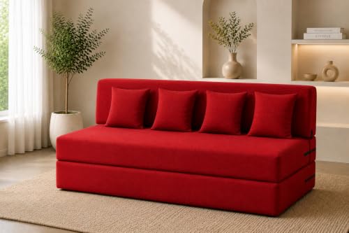 Image of Four Seater Sofa Cum Bed 6x6 Ft with Soft Foam Cushioning, Comfortable Foldable Sofa Bed for Living Room, Bedroom, Guest Room & Office(Red)