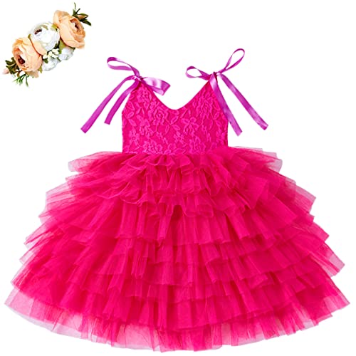 Cilucu Little Girls Tutu Maxi Dress Kids Spaghetti Strap Dresses Birthday Party Flower Girls Dress For Wedding Kids Princess V-Neck Banquet Prom Rose Lace Hot Pink New Years 4-5T #TOP29