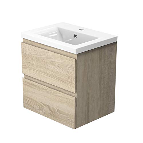 AICA sanitaire Meuble sous Vasque De Salle De Bain Suspendu Bois Clair avec Lavabo et 2 tiroirs Espace De Rangement 50cm
