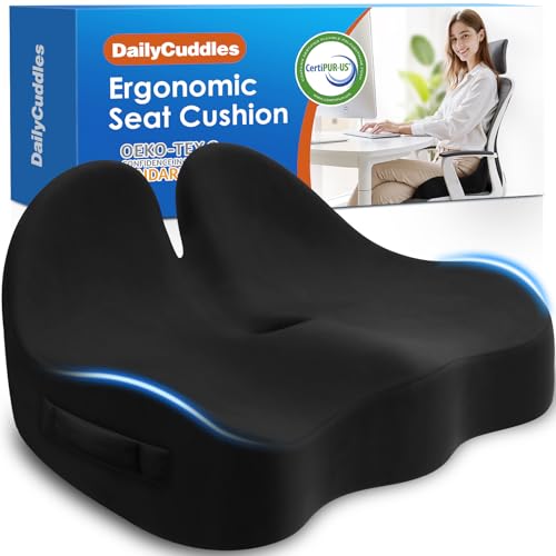 DailyCuddles Seat Cushion, Chair Cushions for Office Chairs/Desk Seats/Wheelchair - Hip&Sciatica&Tailbone Pain Relief Memory Foam Office Chair Cushion for Long Sitting Office Workers, Black