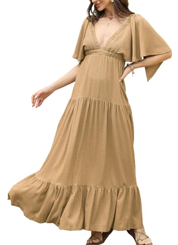 Image of Kikibell Women Summer Dresses Sexy V-Neck Maxi Dress Tiered Silhouette with Flutter Sleeve Backless Elastic Waist Flowy Dress