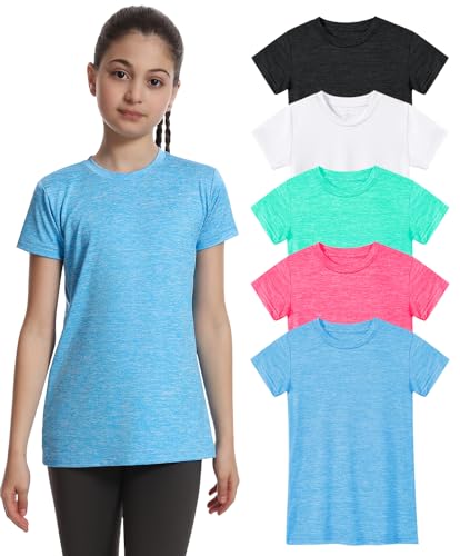 Image of 5 Pack Girls Athletic Shirts Short Sleeve Dry Fit T-Shirts Tops for Teens | Soft and Breathable Fabric, Bright and Cute Colors, Longer Length Design, Colorfast and Anti-Wrinkle