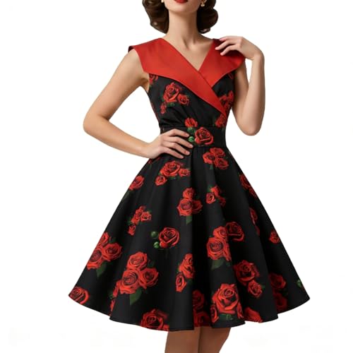 HIGAKI Womens 1950s Dress Tea Party V-Neck Sleeveless Dress(DR0065MG XL)