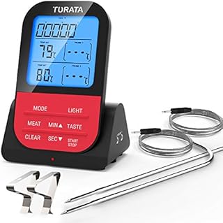 TURATA Fleischthermometer Funk Bratenthermometer mit Zeitmesser, 2 Temperaturfühlern Sonden, Magnetrückwand, Hintergrundbeleuchtung LCD Display Sofortiges Auslesen, Digital Grillthermometer (rot)