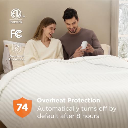 Image of Bedsure Electric Blanket King Size - Thick Striped Flannel Electric Blanket with Dual Control, Heating with 6 Heat Settings & 6 Time Settings, 8 hrs Timer Auto Shut Off (90 inchx100 inch, White)
