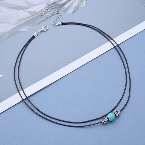 Inilbran Boho Geschichtetes Leder Choker Halskette Schwarzes Leder Cord Choker Halskette Blau Türkis Stein Halskette Vintage Kurzes Schwarzes Halsband Halskette Für Frauen