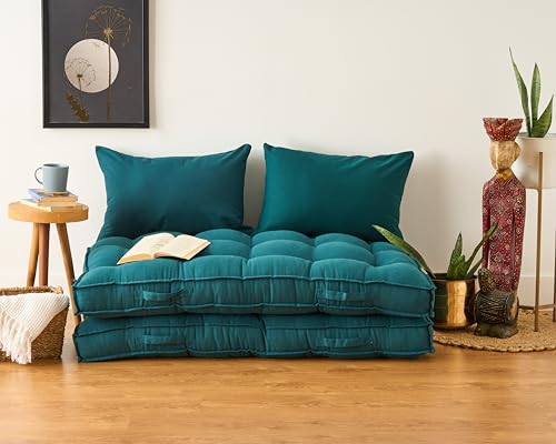 Image of SKANDA FAB Low Seating Cushion -100% Cotton Twill, Hand-Plotted Microfiber Filling, Floor Cushion with 2 Back Support Cushions - Ideal for Living Room, Balcony, Lounge- 80x120 Dark Green (Pack of 2)