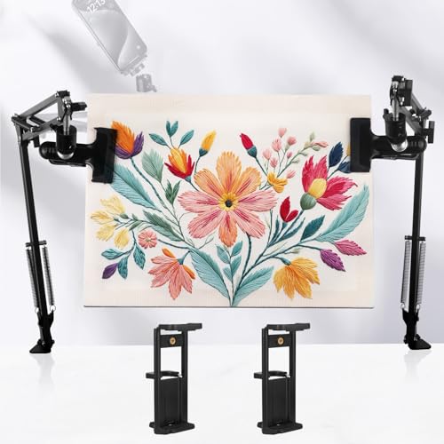 Image of 2Pcs Black Adjustable Embroidery Hoops Stand for Hand Work,3-in-1 Hoop /Tablet /Phone Holder Desk Stand,Cross Stitch Frame with 360 Rotation,Needlework Frame Holder