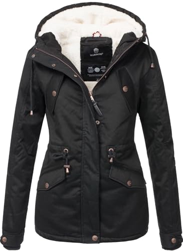 MARIKOO Damen Winter Jacke Parka Winterjacke Teddyfell gefüttert B376 [B376-Manolya-Schwarz-Gr.S]