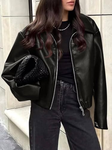 Cicy Bell Womens Faux Leather Bomber Jackets Cropped Motorcycle Casual Coats Fall Trendy Zip Up Outerwear2