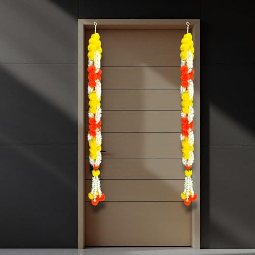 Image of iHandikart Artificial Infinity Shaped Marigold Garland for Home Decor | Pack of 2,52 Inch| Orange-Yellow Floral Garland for House Warming, Festive Decor, Wedding & Entrance Door Decoration itmes.
