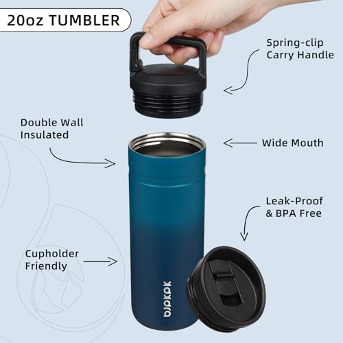 Image of BJPKPK 20 oz Insulated Travel Water Bottle, Coffee Tumbler Stainless Steel | Double Wall Vacuum, Leakproof, Thermal, Keeps Hot /Cold, BPA Free, Dishwasher Safe, Spill Proof, Wide Mouth, 2 Lids, Sea