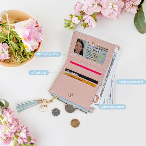 Image of KOTORA Womens Small Wallet Girls Tiny Slim Wallets Pretty Mini Card Holder Thin Short Zip Coin Purse with Love Pendant and Tassels (Blue)
