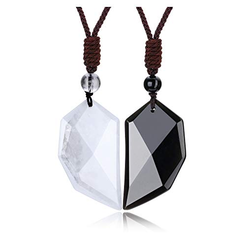 Top Plaza 2 Pcs Healing Crystal Gemstone Pendant Necklaces Adjustable Couples Matching Two Half Heart Love Puzzle Necklace for Mens Womens - Black Obsidian & Clear Quartz