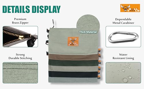 Image of BULL TOOLS Tool Pouch 100% Cotton Canvas 16 oz Tool Organizer Bag, Wrench Holder Pouch, Multi-Purpose Wrench Organizer Bag Utility Organization Bags, Heavy Duty Metal Zipper, Metal Carabiner - 6 Pack