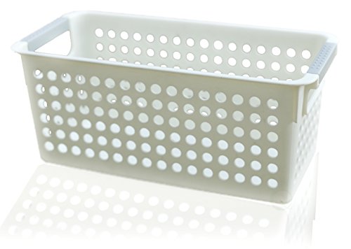 Image of Basicwise Rectangular Plastic Storage Basket with Easy-Grip Handles Ventilated Organizer Bin for Bathroom Pantry Closet Laundry Kitchen Shelves Countertops and Home Organization Essentials, White