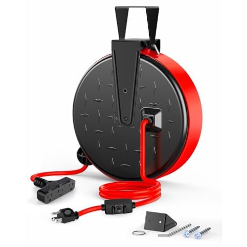 DEWENWILS 30FT Extension Cord Reel, 16/3 Gauge SJTW Power Cord, Retractable Cord Reel with 3 Outlets, Ceiling/Wall Mount for Garage, Workshop, 10A Circuit Breaker, Metal Plate, UL Listed, Re