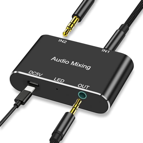 Image of 2 Channel Stereo Audio Mixer - 3.5mm Audio Mixer,Aluminum Shell - 3.5mm(1 /8in) A udio Interface Support 2 In 1 Out Mini Stereo Sound M ixer with 3.3FT Audi o Cables - For PC, Phone, Headphones, Laptop