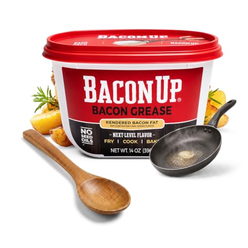 Image of Bacon Up Bacon Grease - 100% Authentic Animal Fat with No Seed Oils - Triple-Filtered & Non-Hydrogenated - 14 Ounce Tub; Pack of 1 with Spoon - for Frying, Cooking, Baking, Grilling, and Sauteing